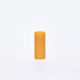 The Timeless Collection beeswax pillar-Small. Burn-time of up to 13 hours. 3.5cm wide, 9cm high, weighs 70g. All measurements are done at the minimum.